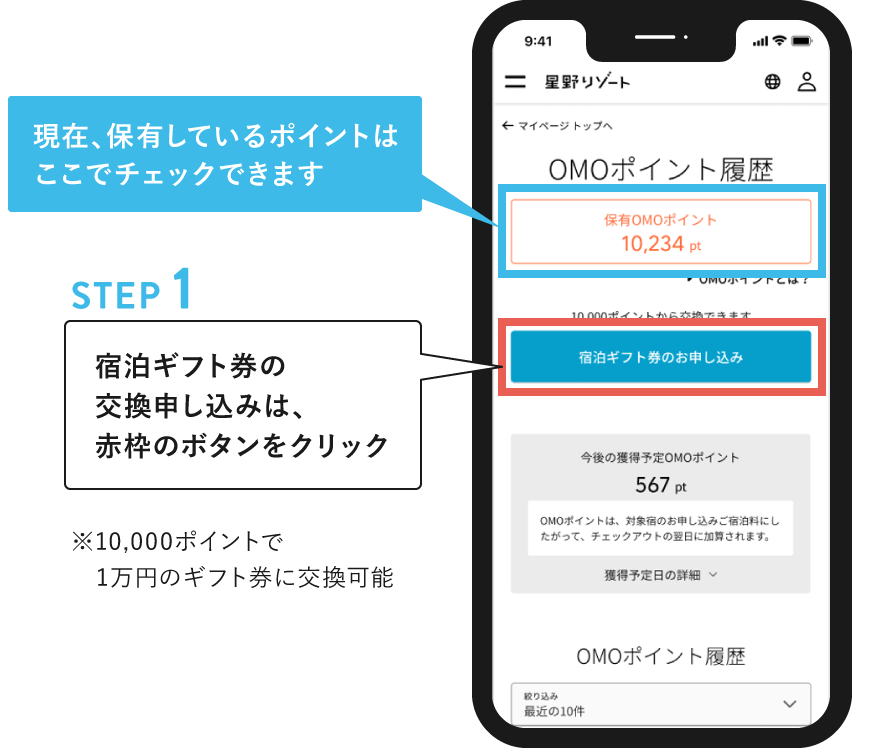STEP 1：宿泊ギフト券の交換申し込みは、赤枠のボタンをクリック※10,000ポイントで1万円のギフト券に交換可能