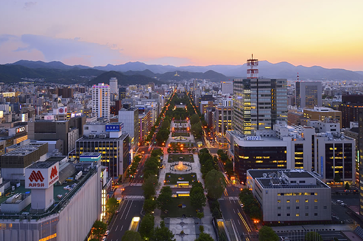夕景と街の明かりが灯るピンク色の札幌の景色